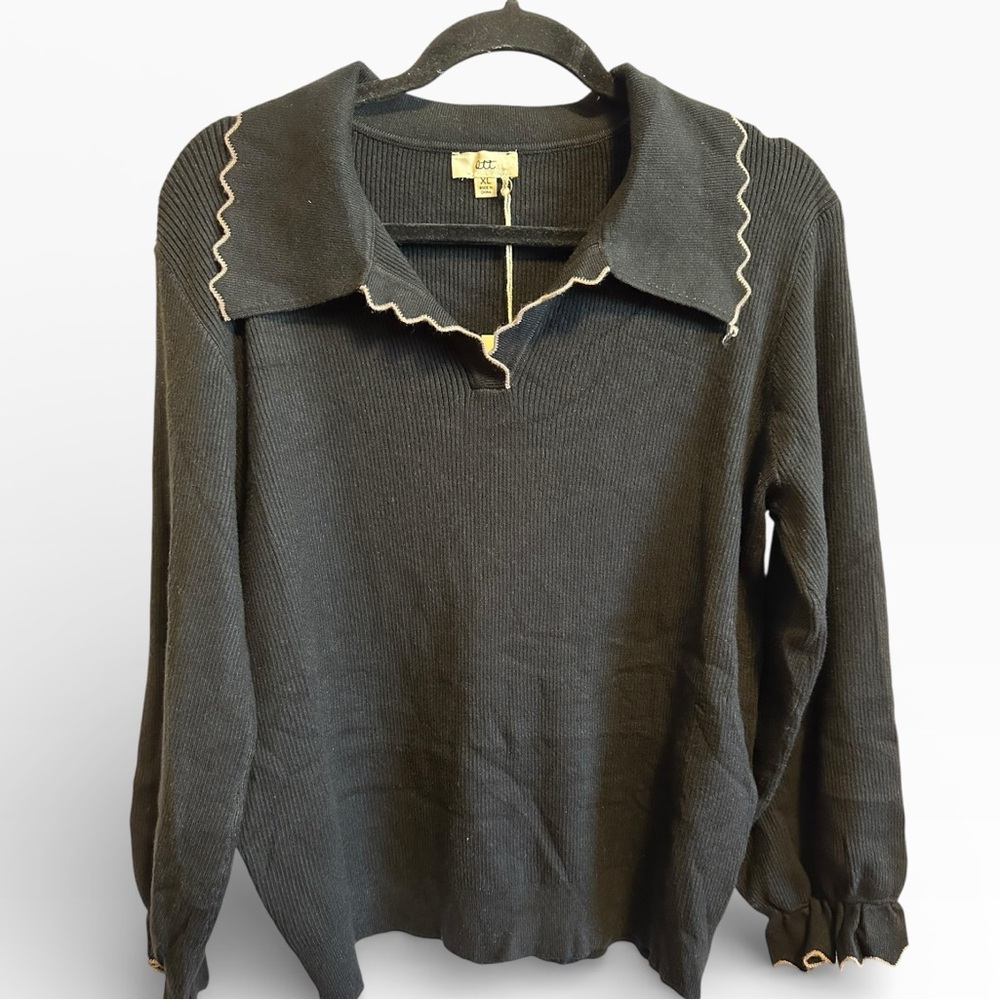Ott Elegant Black V-Neck Sweater with Embroidered Edging NWT - Picture 2 of 4